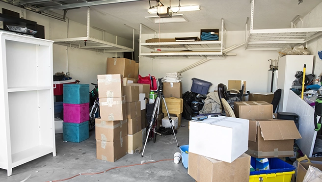 A garage full of boxes and junk.
